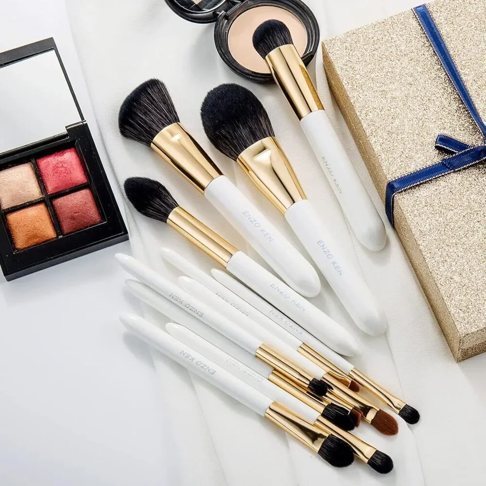 White Professional Natural Bristle Black Hair Makeup Brushes Set With Case